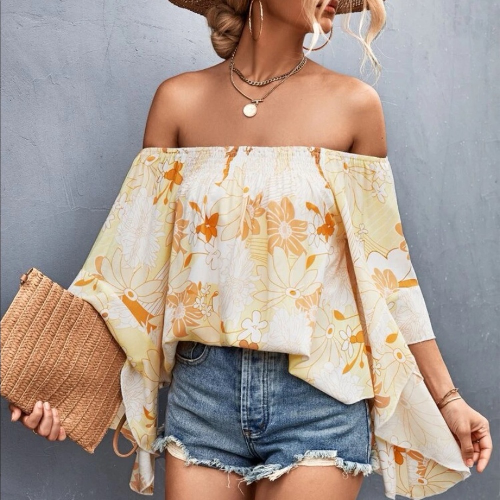Boho floral print off shoulder shirred blouse